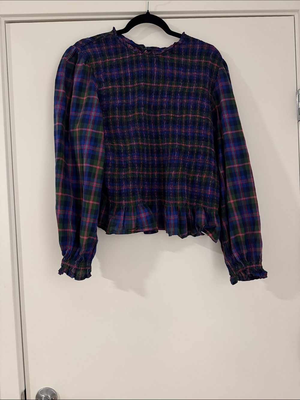 Old Navy Green and Blue Plaid Smocked Peplum Blouse